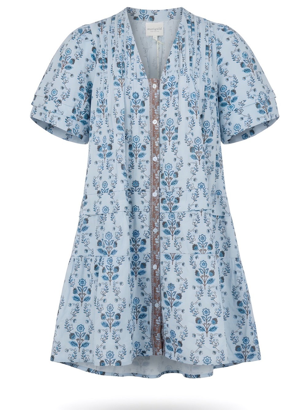 Marigold by Victoria Dunn- Blue Floral Puff Sleeve Tiered Dress, size M